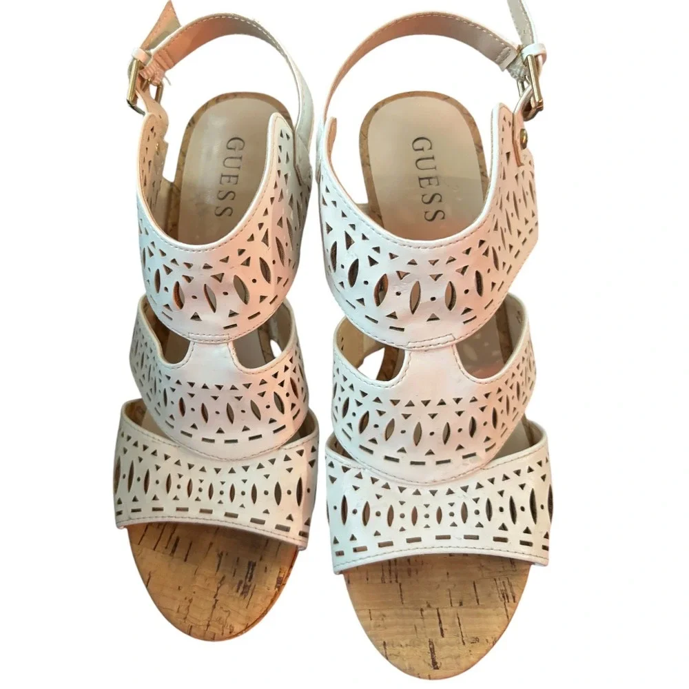 Guess Jacalyn-R White Laser Cut Cork Wedge Sandals Womens 9M WG-JACALYN-R Boho
